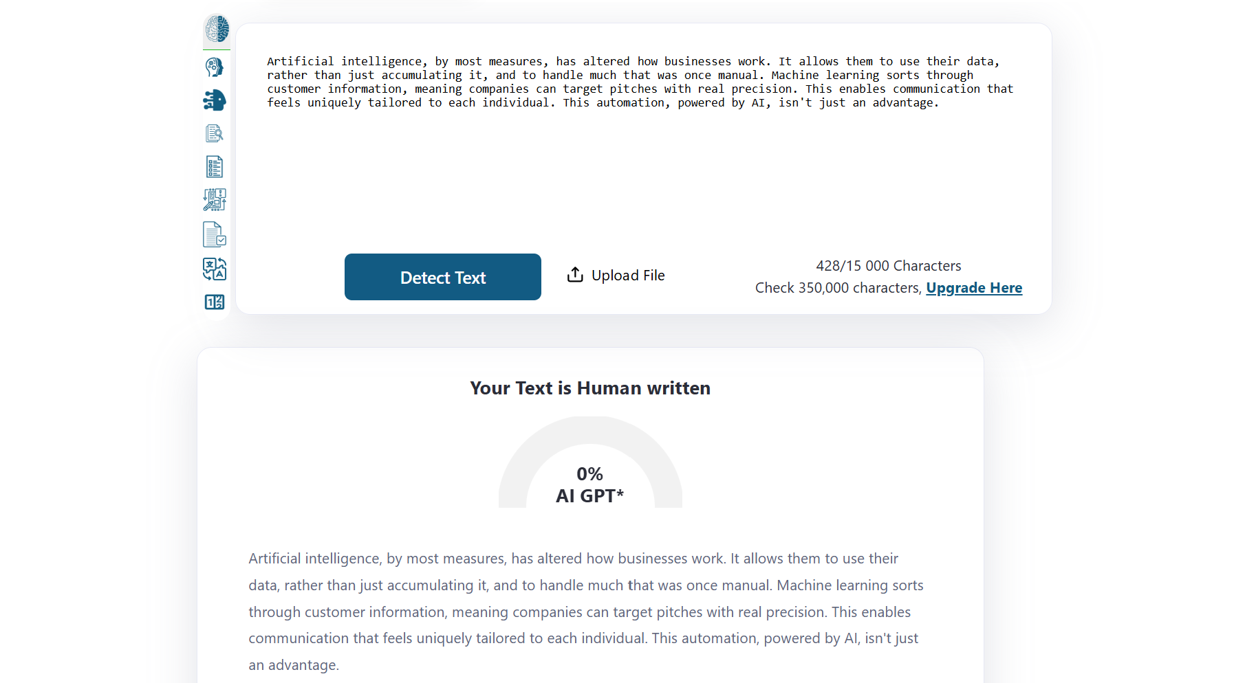 ZeroGPT AI detection result